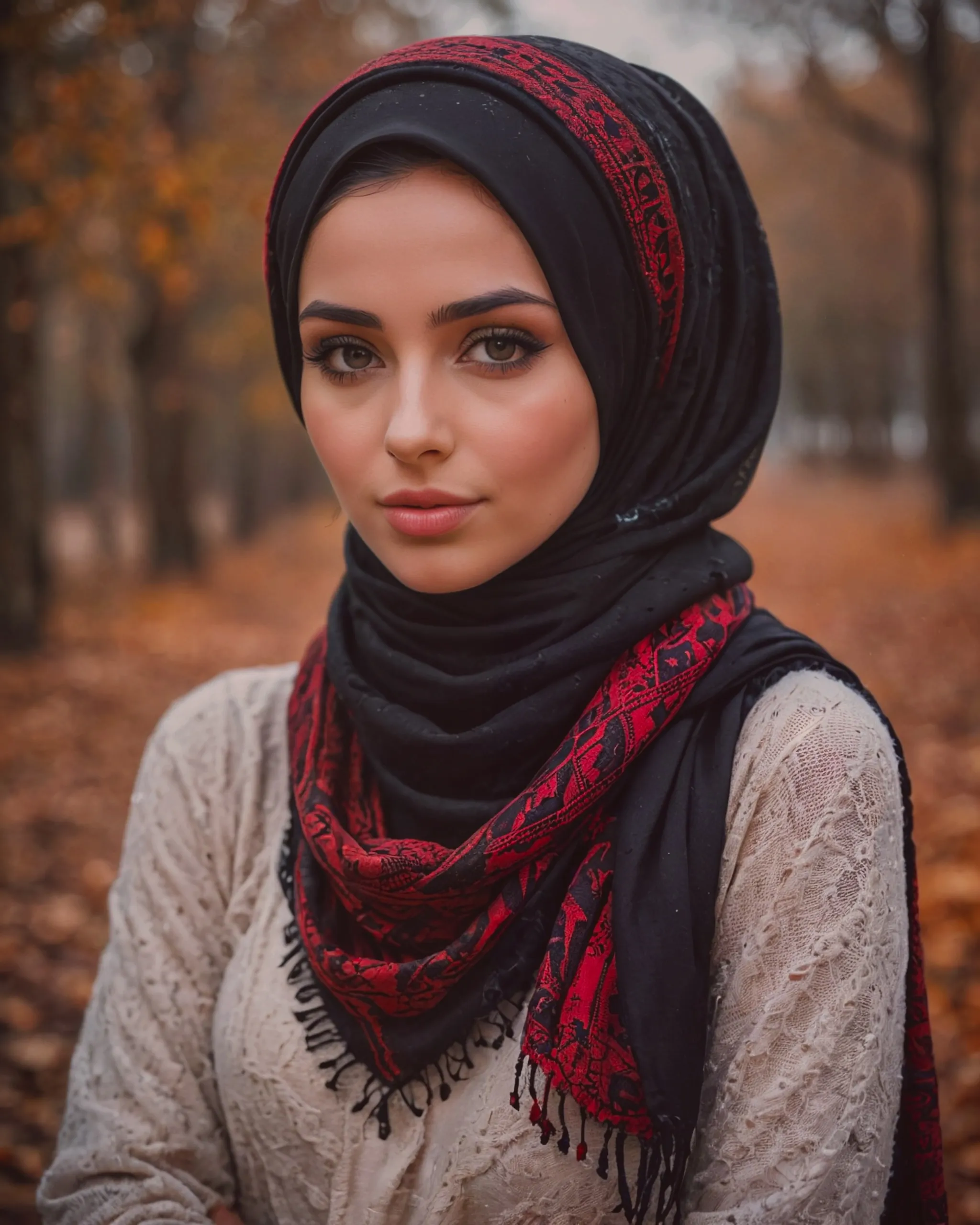 Beautiful girl wearing a black hijab with keffiyeh scarf and sweater 