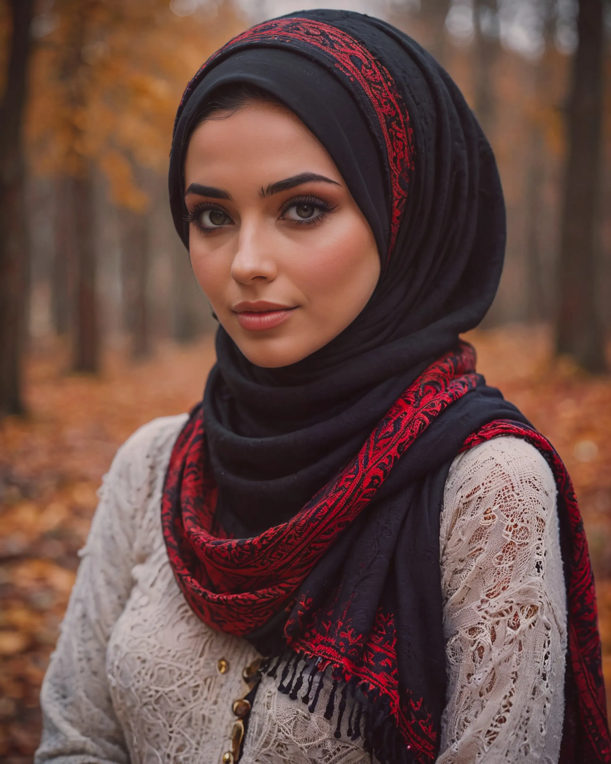 Beautiful girl wearing a black hijab with keffiyeh scarf and sweater 