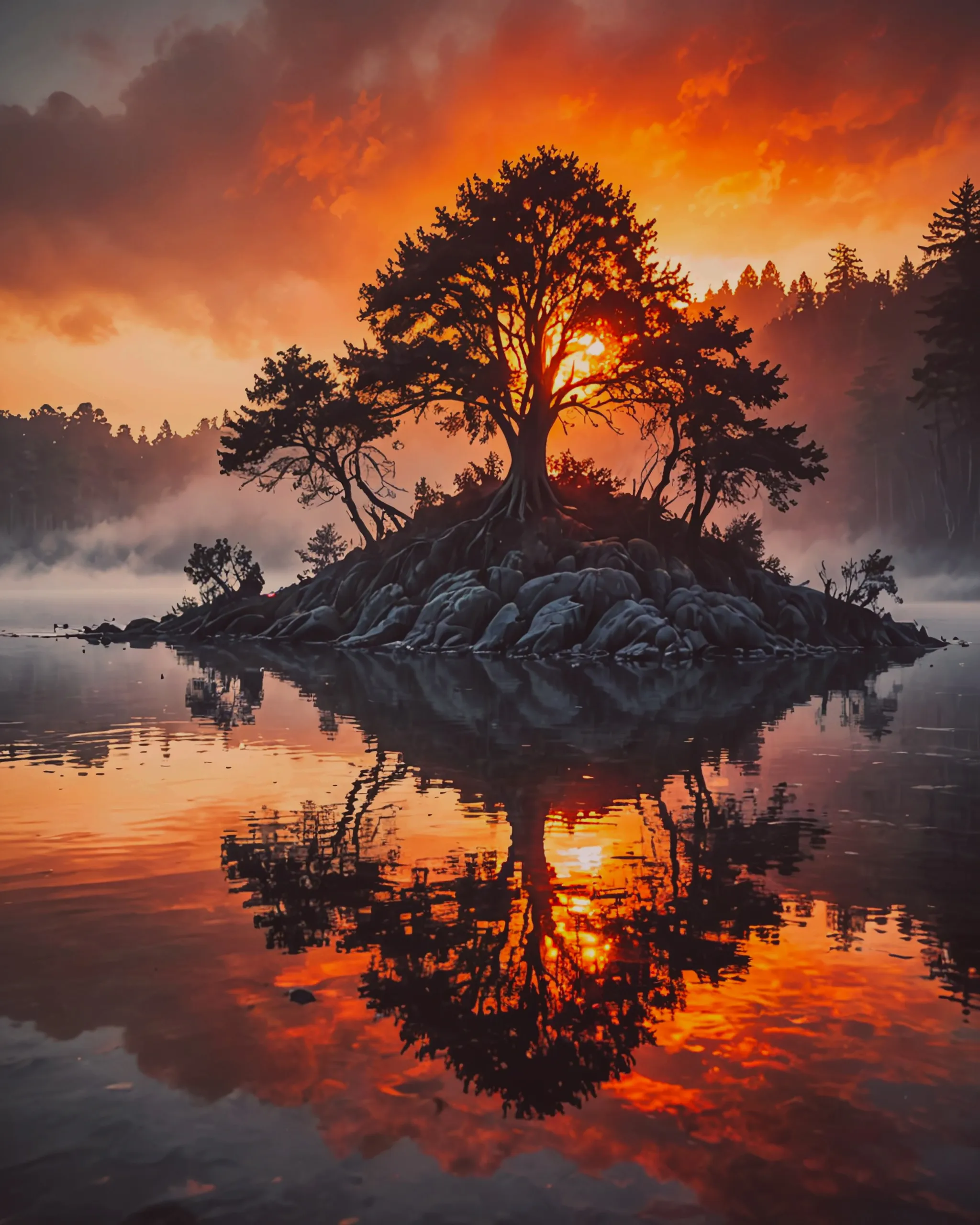 A serene island, shrouded mist, - Free AI Photo Generator - starryai