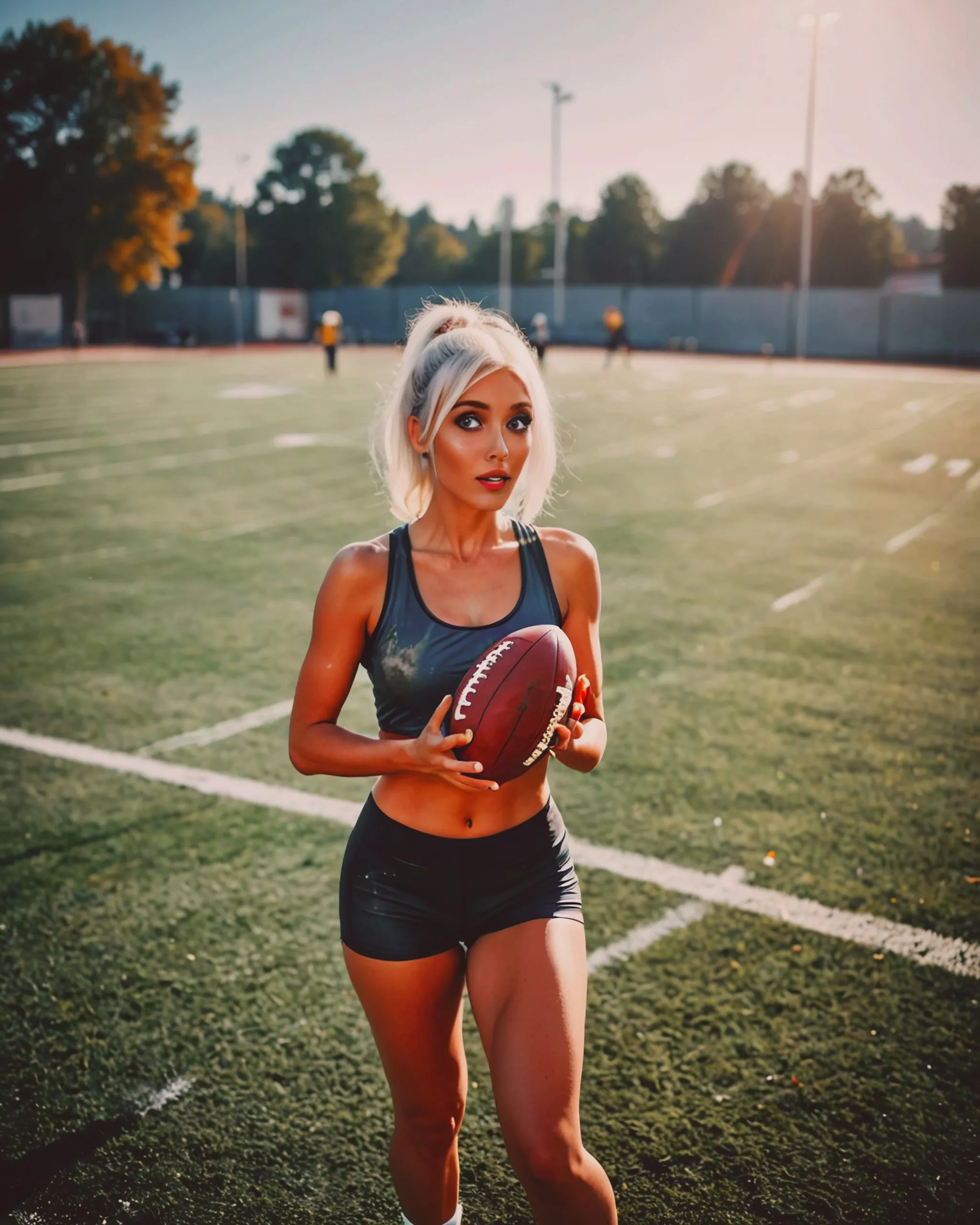 Draw a woman on a football field playing caught with an American football faced toward the camera