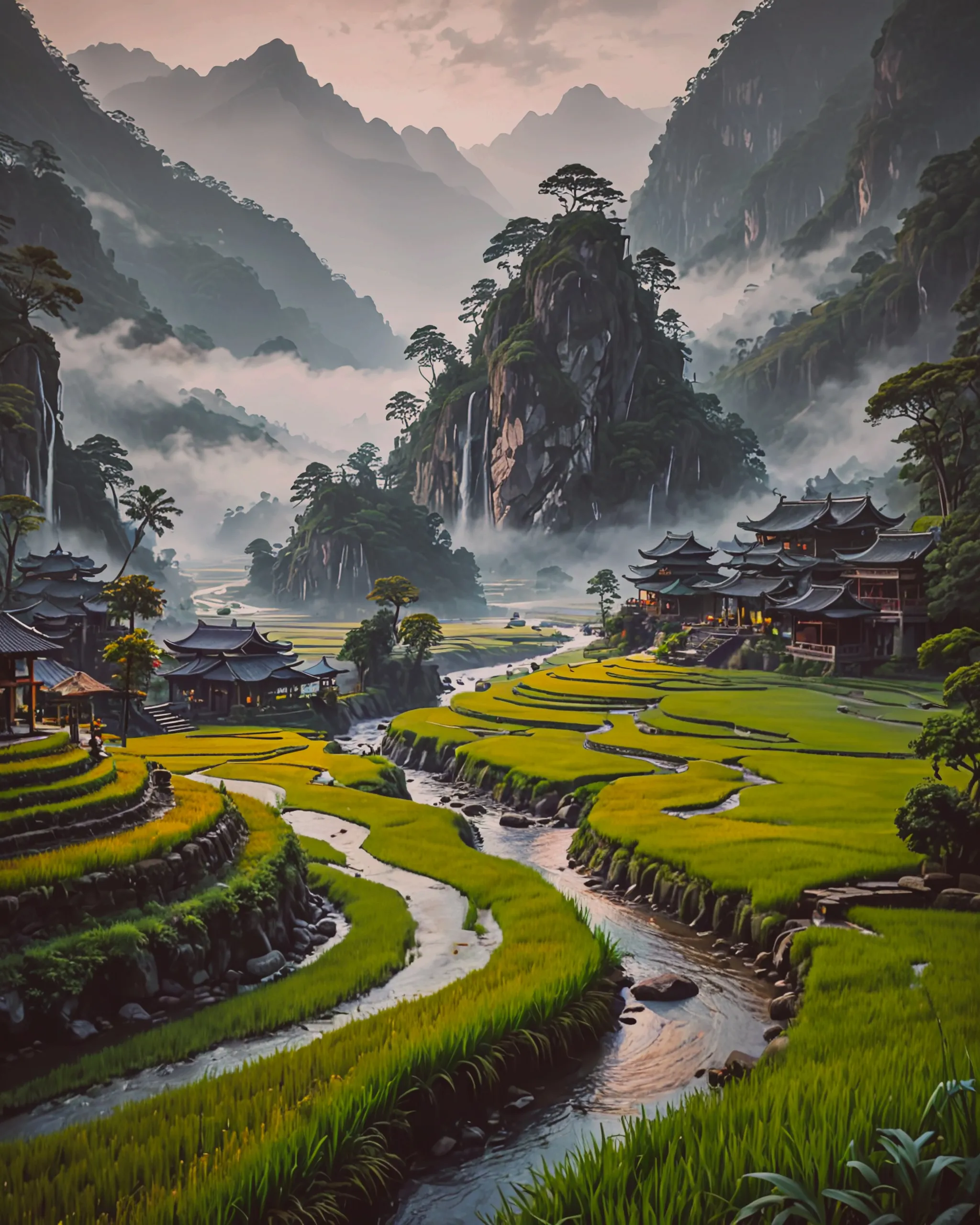 Winding, terraced rice paddies snake down verdant, mist-shrouded mountainsides., Concept Art