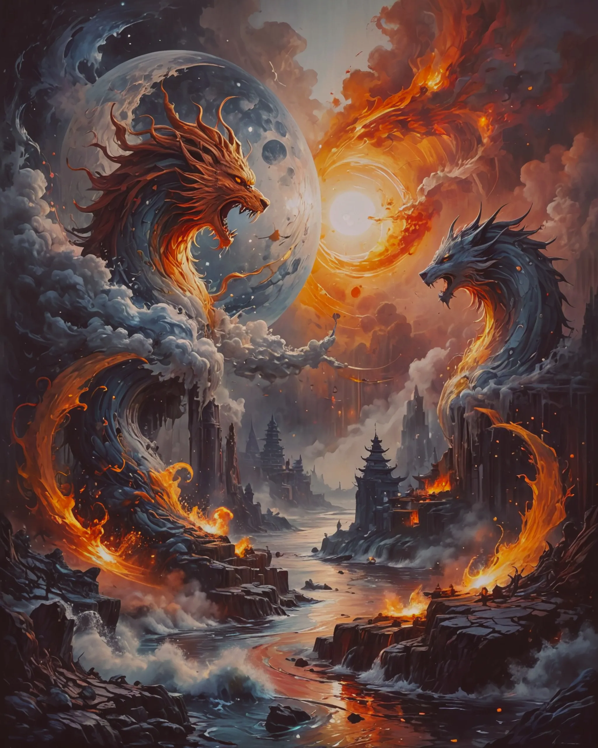Battle between sun realm moon - Free AI Photo Generator - starryai