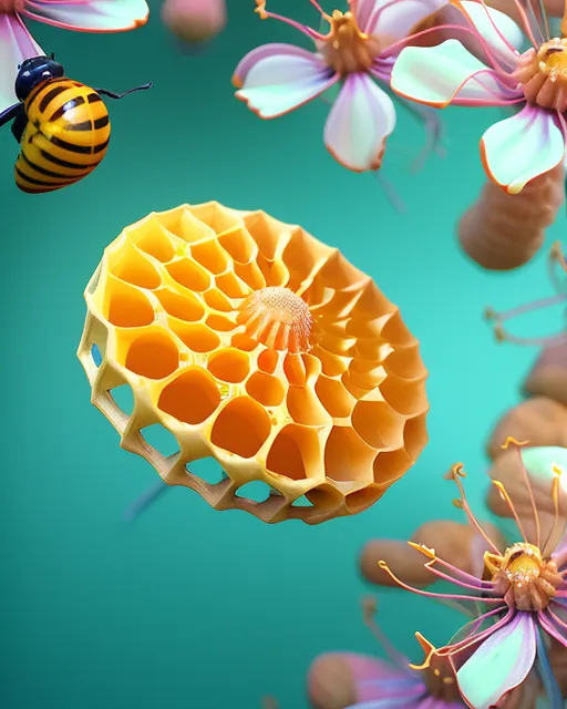 photorealistic 3d, delicate orange honeycomb artery with yellow transparent bumblebee and white blossoms, close up, hd 120K, polished assets background, colored, highly detailed, hi res best quality, def con 1 protocol 112