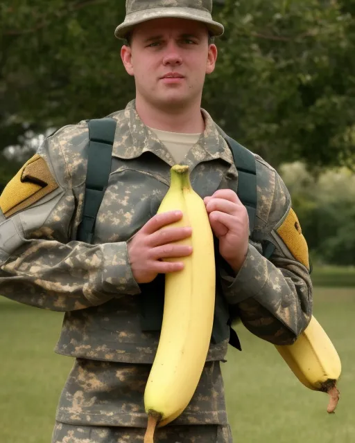 soldier holding a giant banana, really big banana