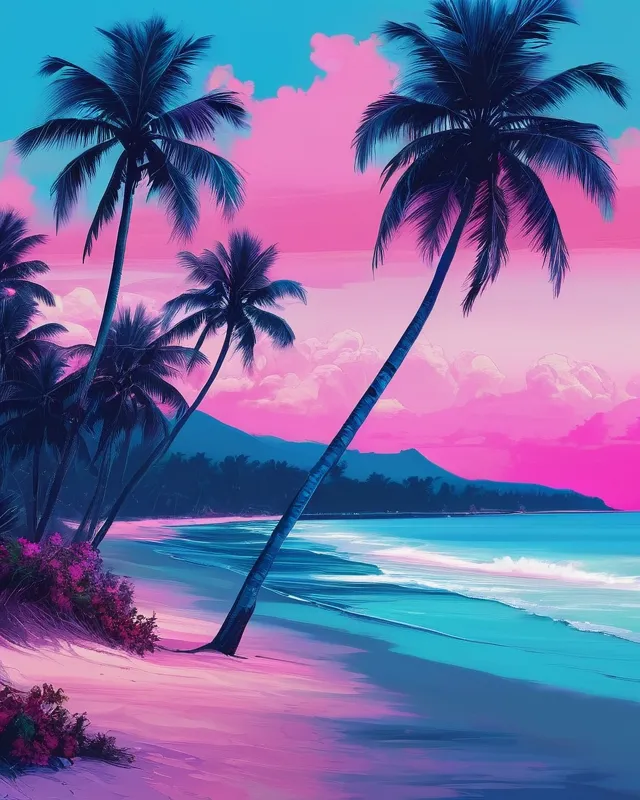 Tropical beach with blue & pink sky & palm trees, beautiful, digital painting