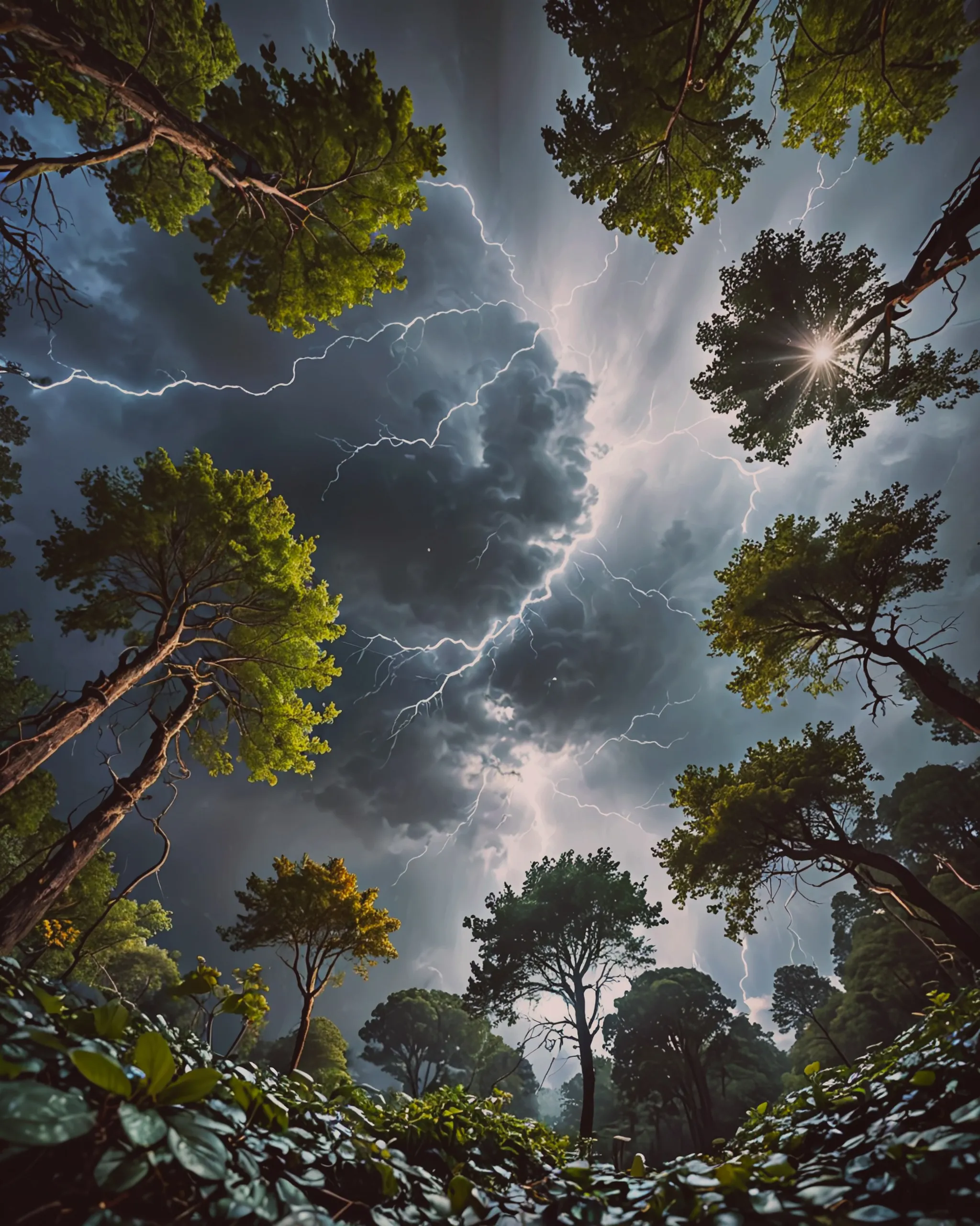 Imagine a dramatic landscape scene in high resolution (8k). The perspective is a worm's eye view looking up at treetops which have dark green and light green leaves. Above the trees, the sky is a deep blue, and there are noticeable reflections from the trees and the sky. A complex lighting system illuminates the scene, where flashes of thunder and lightning add an element of spectacle and surprise. The lighting conditions are challenging but result in a visually satisfying mix of light and shadow.