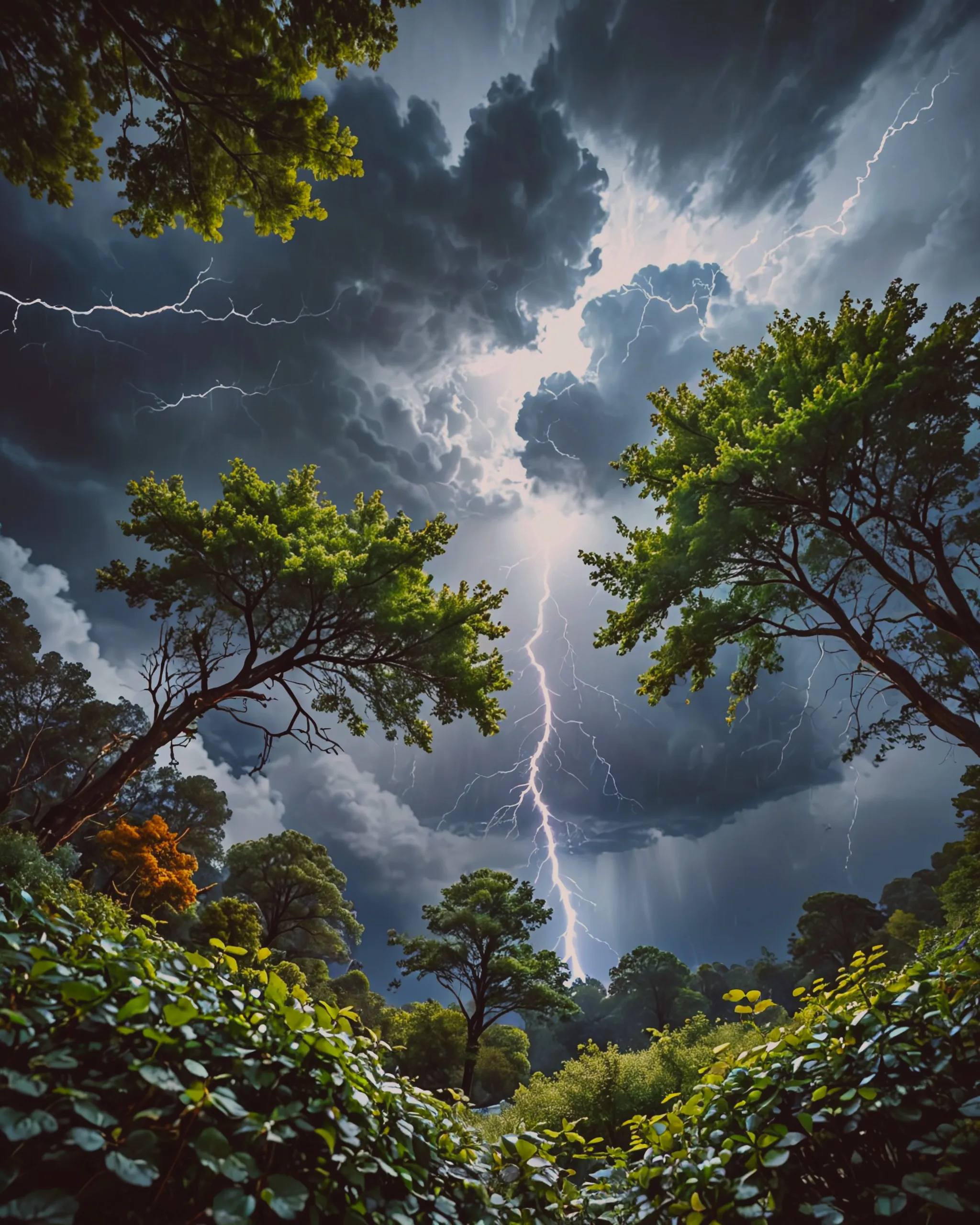 Imagine a dramatic landscape scene in high resolution (8k). The perspective is a worm's eye view looking up at treetops which have dark green and light green leaves. Above the trees, the sky is a deep blue, and there are noticeable reflections from the trees and the sky. A complex lighting system illuminates the scene, where flashes of thunder and lightning add an element of spectacle and surprise. The lighting conditions are challenging but result in a visually satisfying mix of light and shadow.