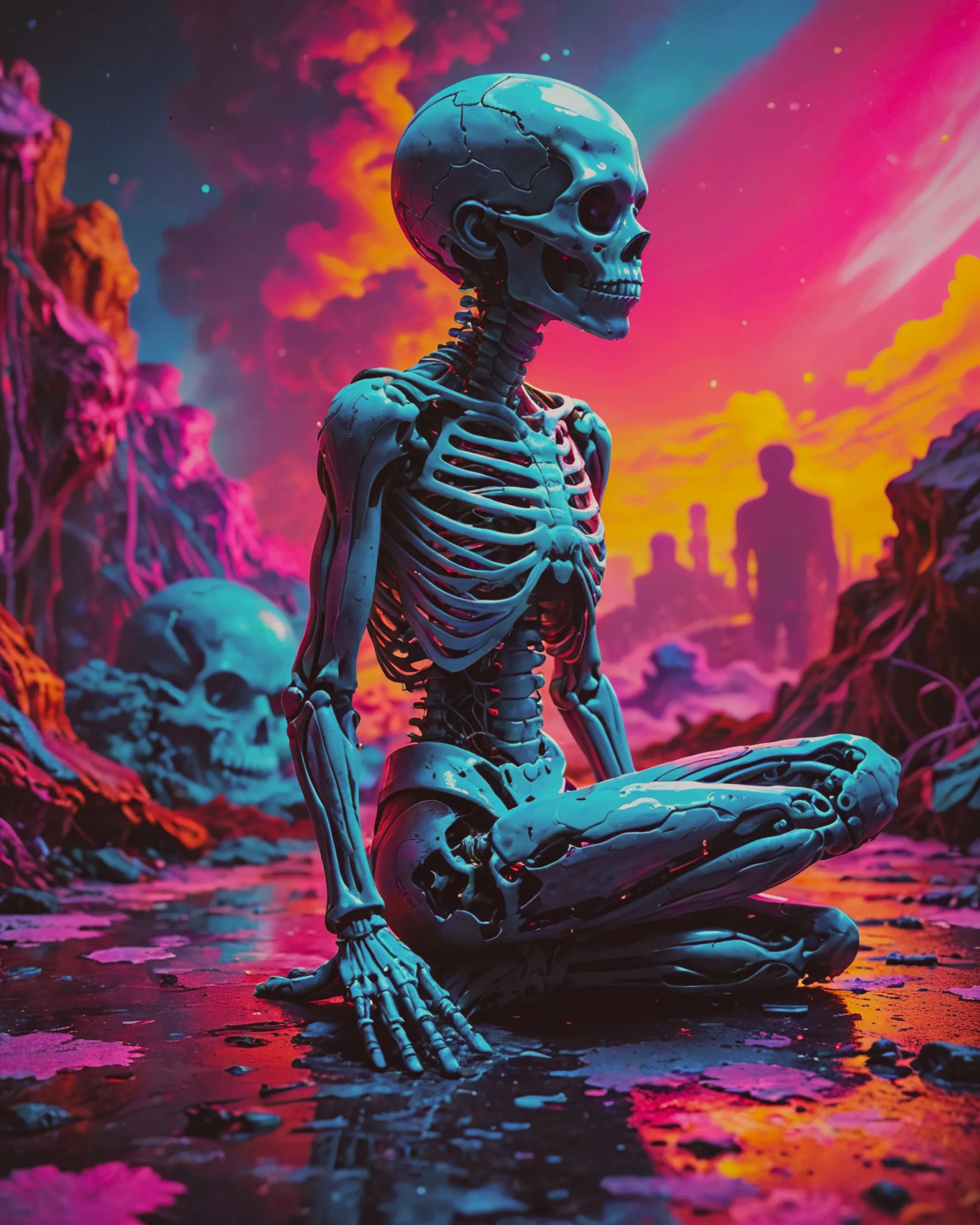 A profile view of a very beautiful lsd vaporwave Little boy, with its shadow prominently cast on the ground, revealing a superhero skeleton in all vibrant palette colors. This adds an element of mystery and intrigue to the photo,trippycute background, with its shadow prominently cast on the ground