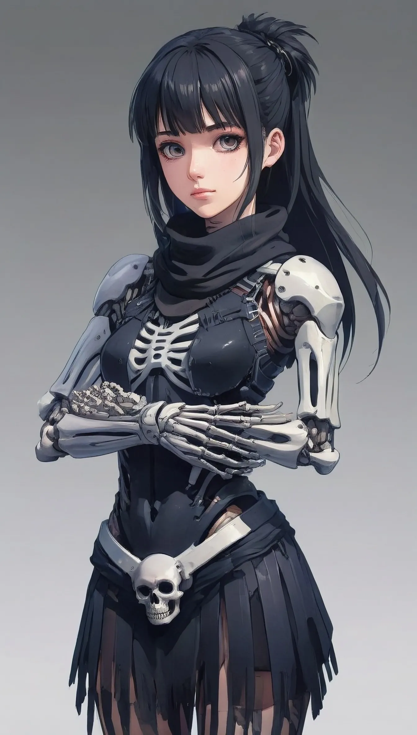 Charming young woman, bionic arm, prosthetics, skeleton, fair skin, fringe, black scarf