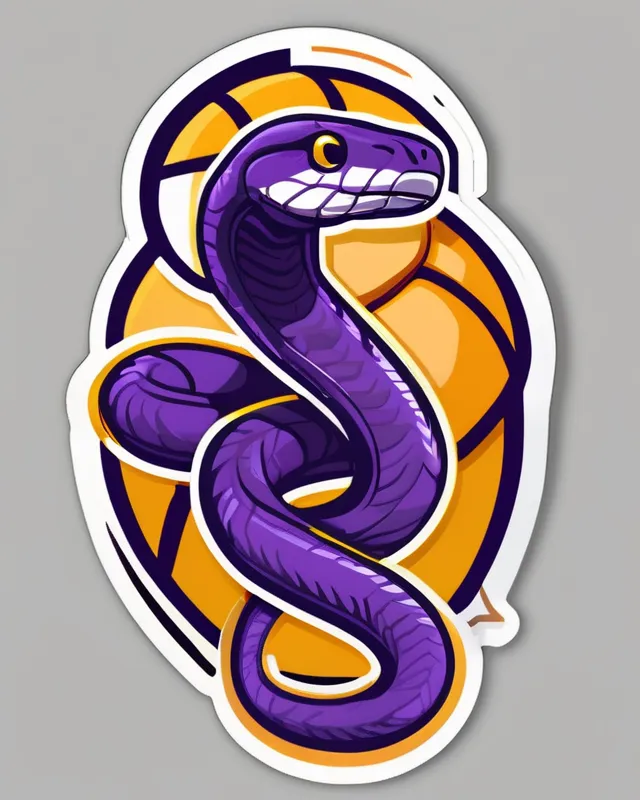 A purple and gold mamba snake with basketball in mouth.