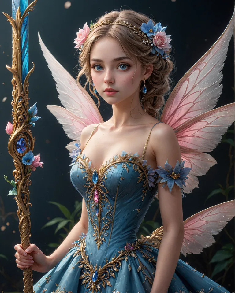 Beautiful fairy, black dress with pearls and small diamonds sewn into the gown. Green eyes,  pink lips and checks. Her fins are multi colored. Blonde hair piled on her head with a tierra. 