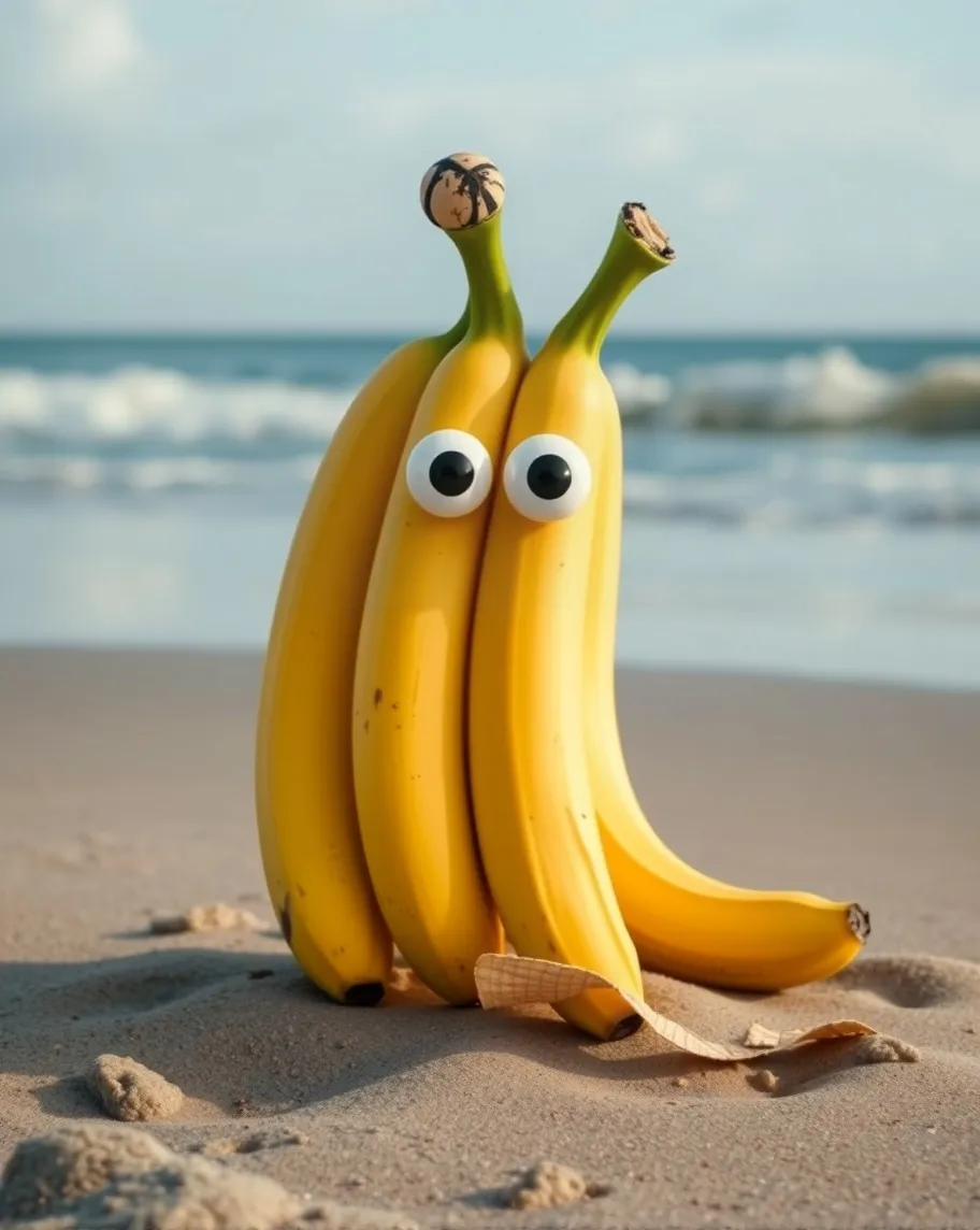 Bananas with googly eyes. Playing ball on the beach.. silly, crazy. Yellow bananas.