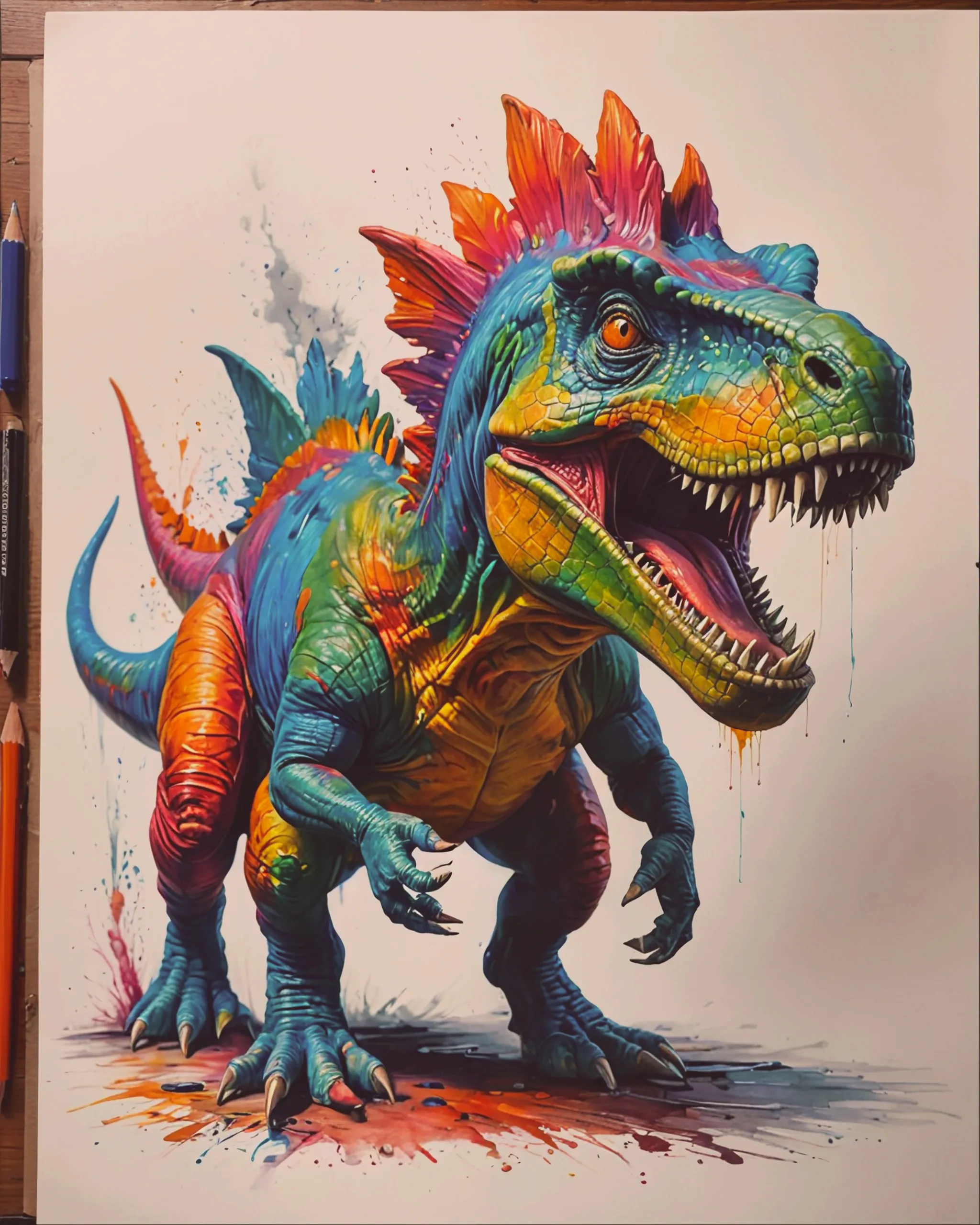 Dinosaure drawing with colored pencils