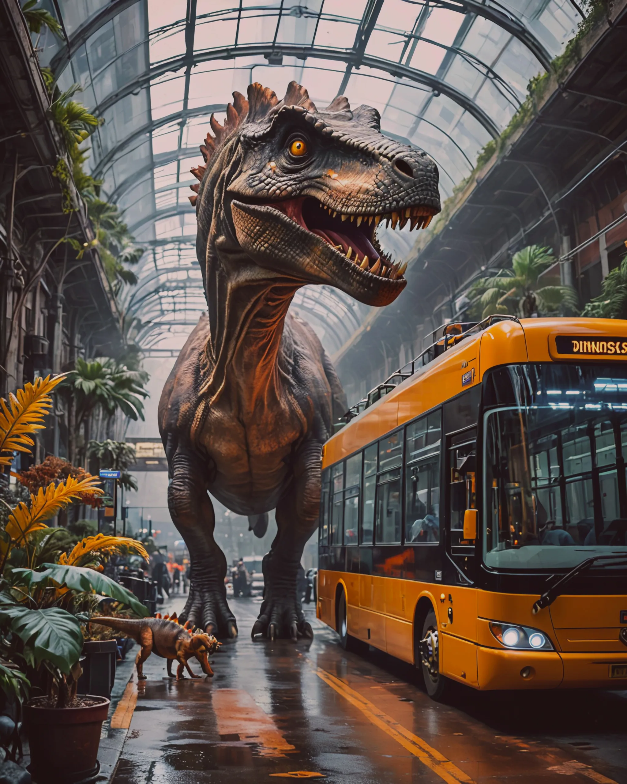 Realistic Dinosaurs driving at - Free AI Photo Generator - starryai