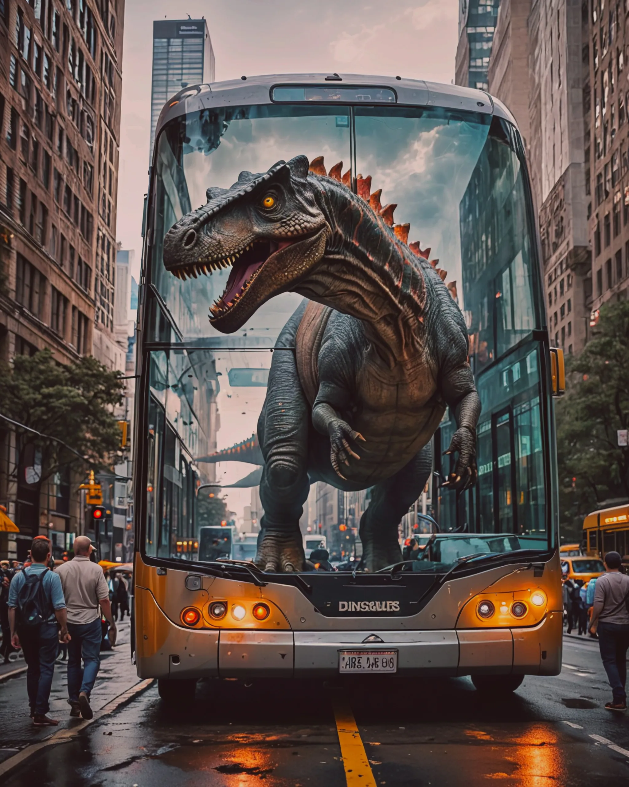 Realistic Dinosaurs driving at - Free AI Photo Generator - starryai