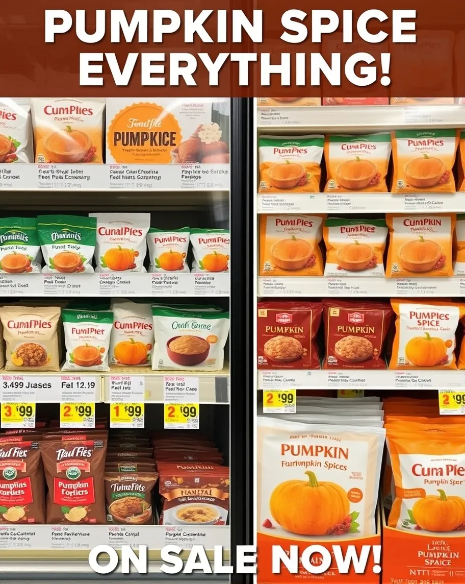 A grocery store advertisement that shows various food items that are pumpkin spice flavored. The advertisement caption reads: “Pumpkin Spice Everything! On Sale Now!”