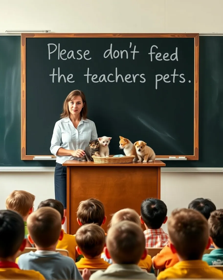 A teacher stands in front of their class in front of a blackboard, their desk in between them and the students, on the desk is a basket filled with kittens and puppies. The blackboard reads "Please don't feed the teachers pets".