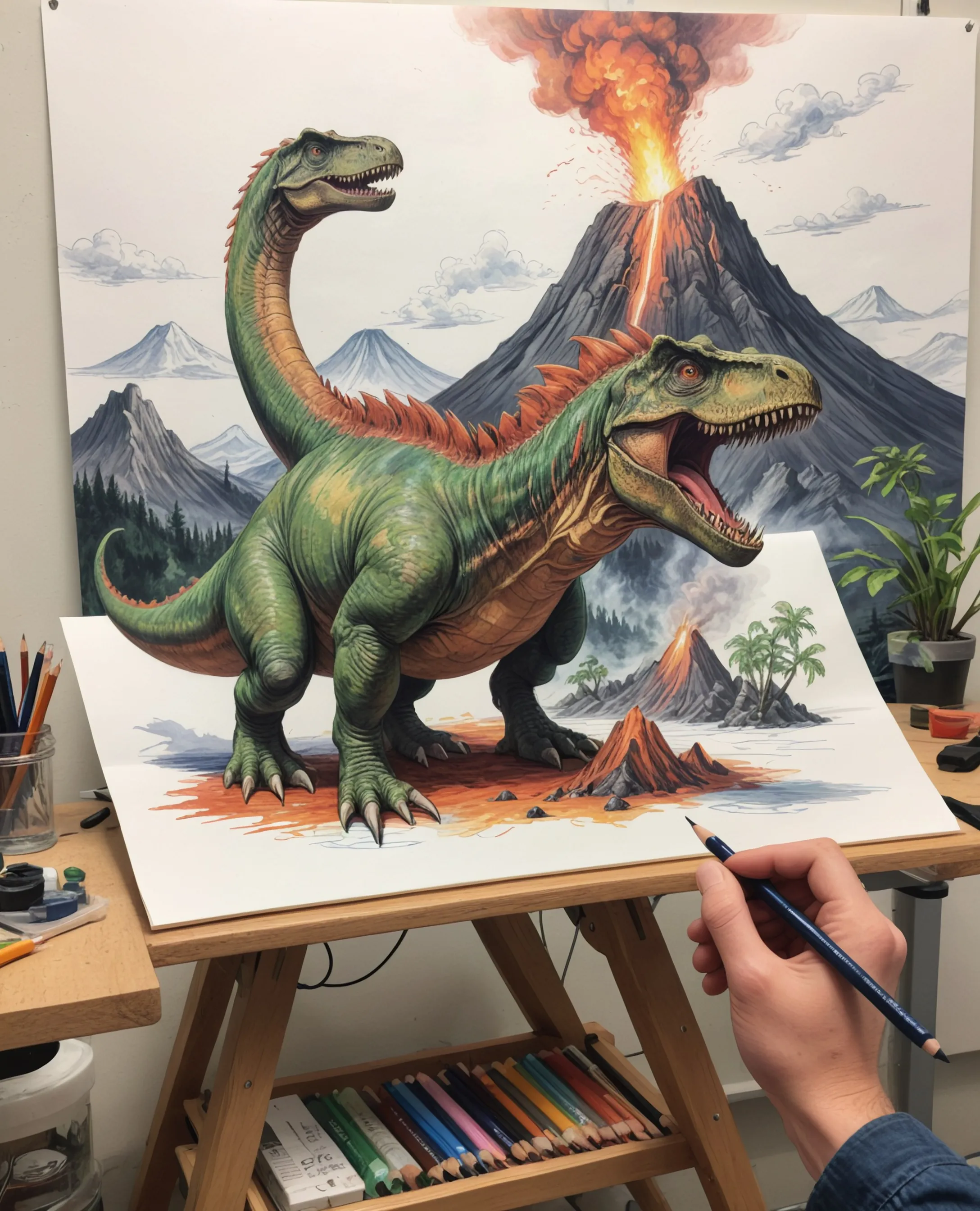 A full color pencil sketch of a hand drawing a dinosaur and a volcano, on top of a drafting table