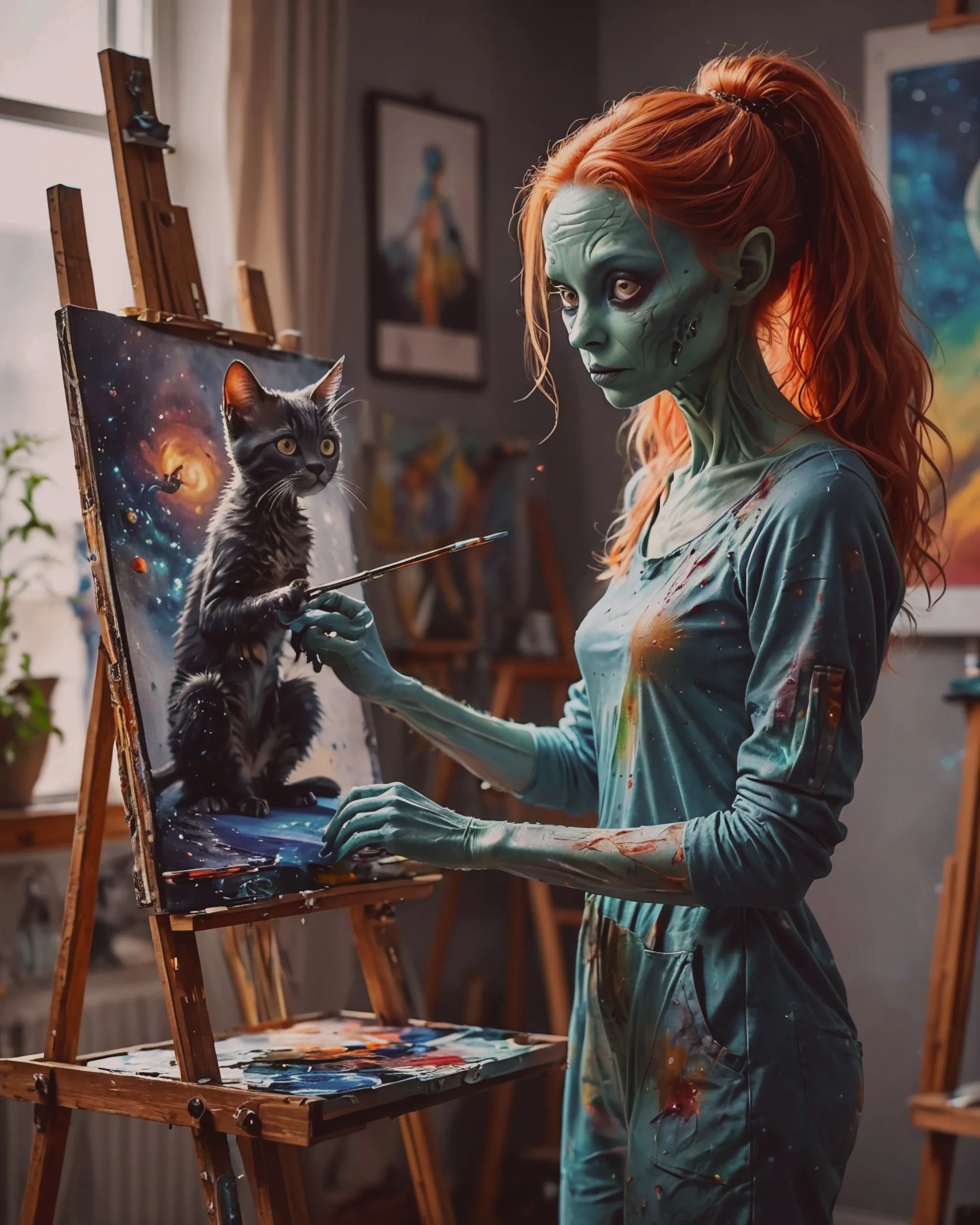 a female alien stands at easel, - Free AI Photo Generator - starryai