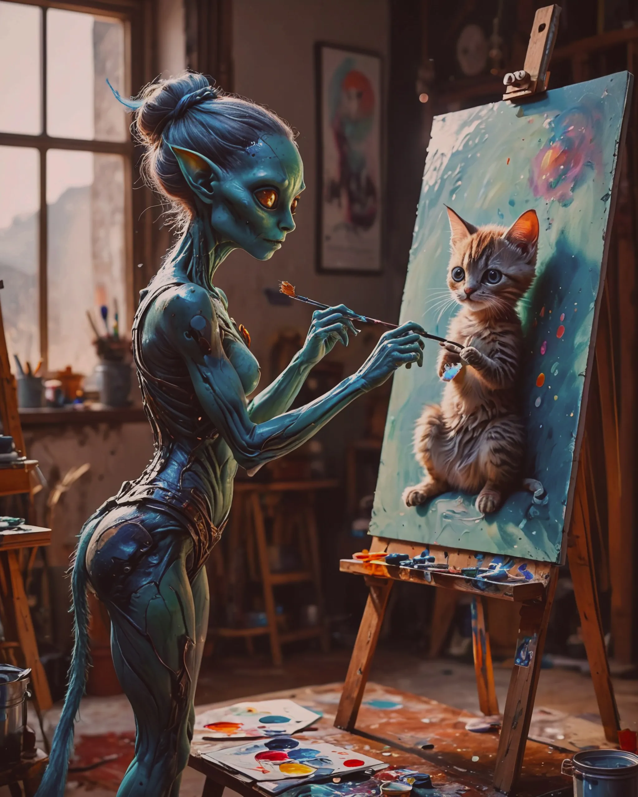 a female alien stands at easel, - Free AI Photo Generator - starryai