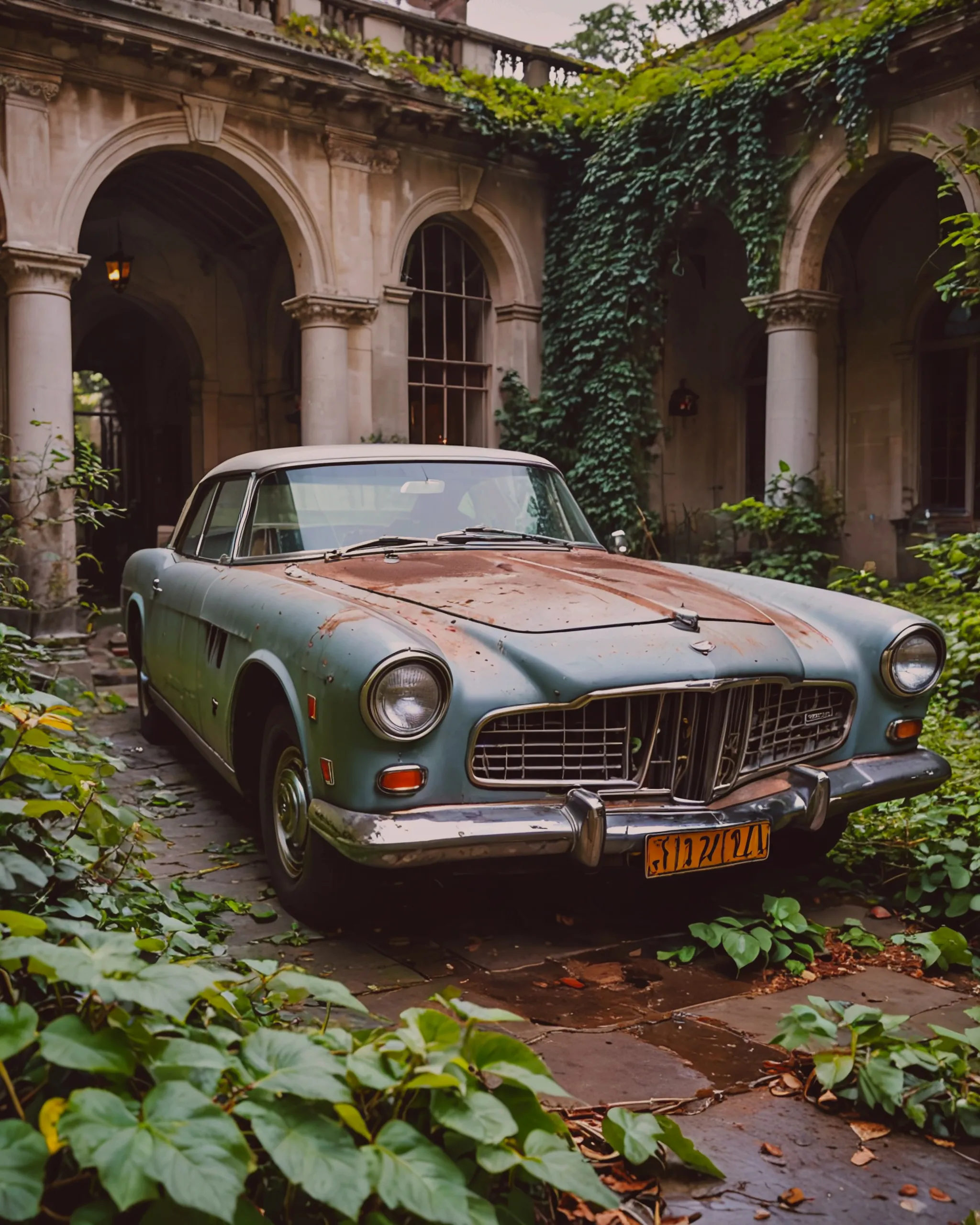 Prototype muscle car van het merk Facel Vega voor verlaten landhuis. 