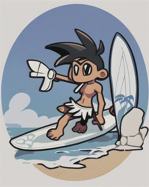 Cartoon islander with bone in hair with surfboard