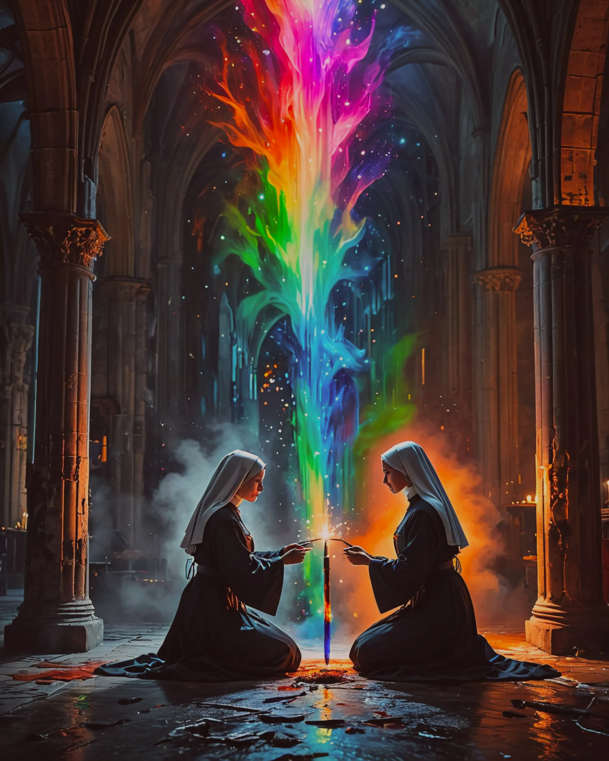 A group nuns worship a giant Nuns - Free AI Photo Generator - starryai
