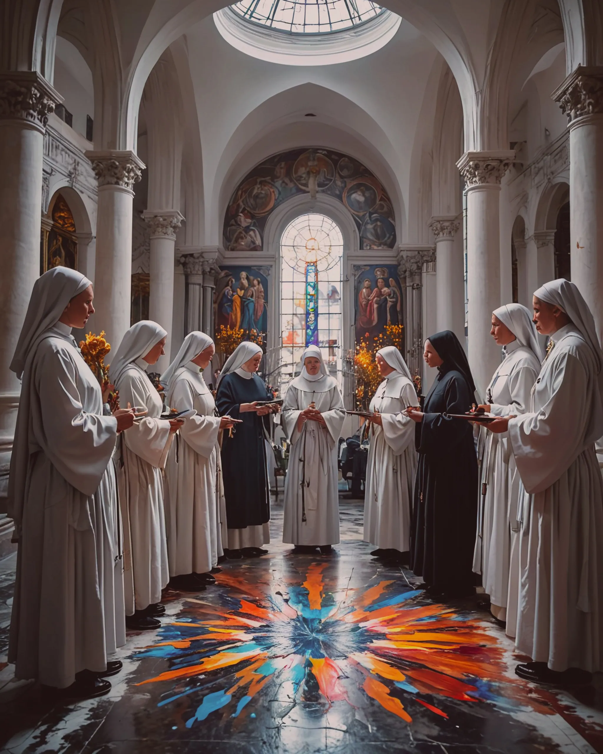 A group nuns worship a giant Nuns - Free AI Photo Generator - starryai