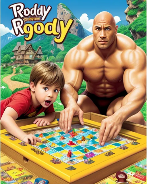 An ad showing the game and box for "Roody-Poo Candyass Land: The Boardgame." The box art shows Dwayne "The Rock" Johnson with a raised eyebrow playing the board game with angry looking children.