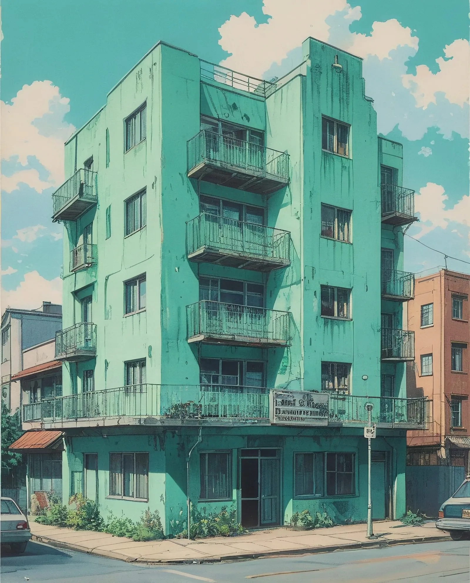 No people, Mint green building, Sign reading “Insane Asylum”, Balcony, Magazine advertisement, detailed, 90's anime style, vintage,