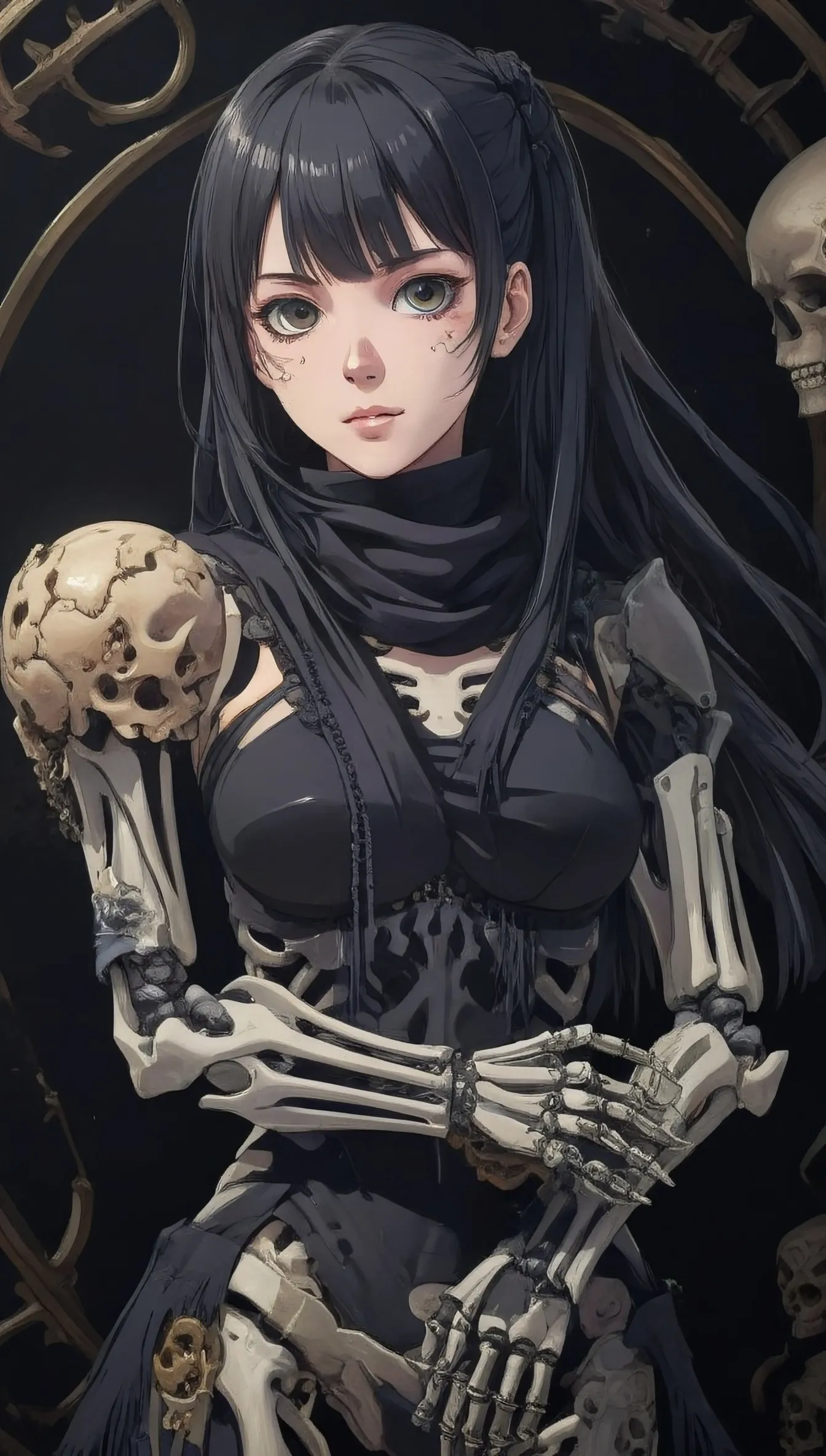 Charming young woman, bionic arm, prosthetics, skeleton, fair skin, fringe, black scarf, artificial brain, anime wallpaper, intricate details, cinematic beauty, 4K, menacing, impressive