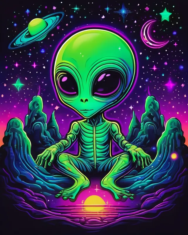 Trippy galaxy neon colors wavy moon stars little green alien in in spaceship