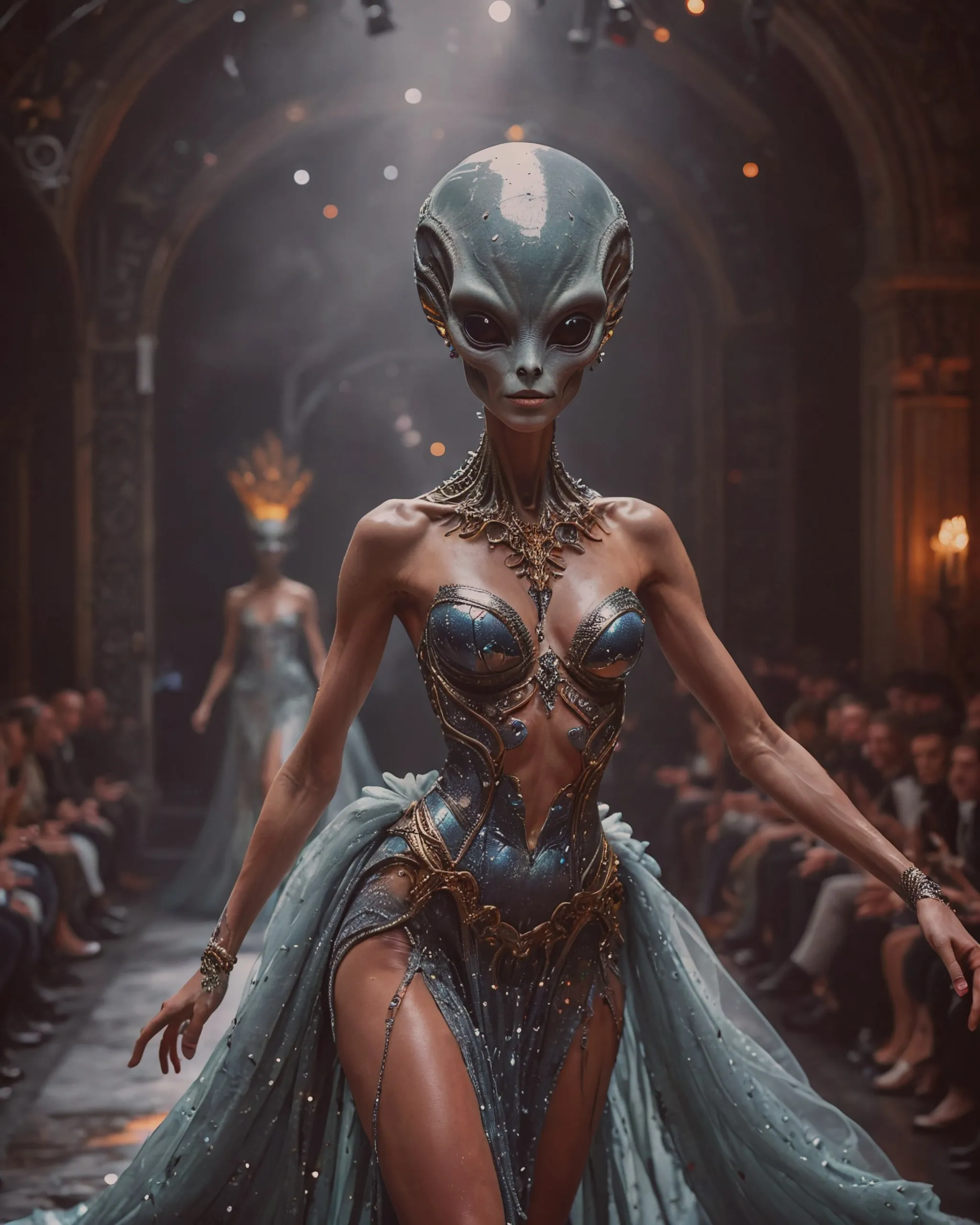 alien wearing a glamorous dress - Free AI Photo Generator - starryai