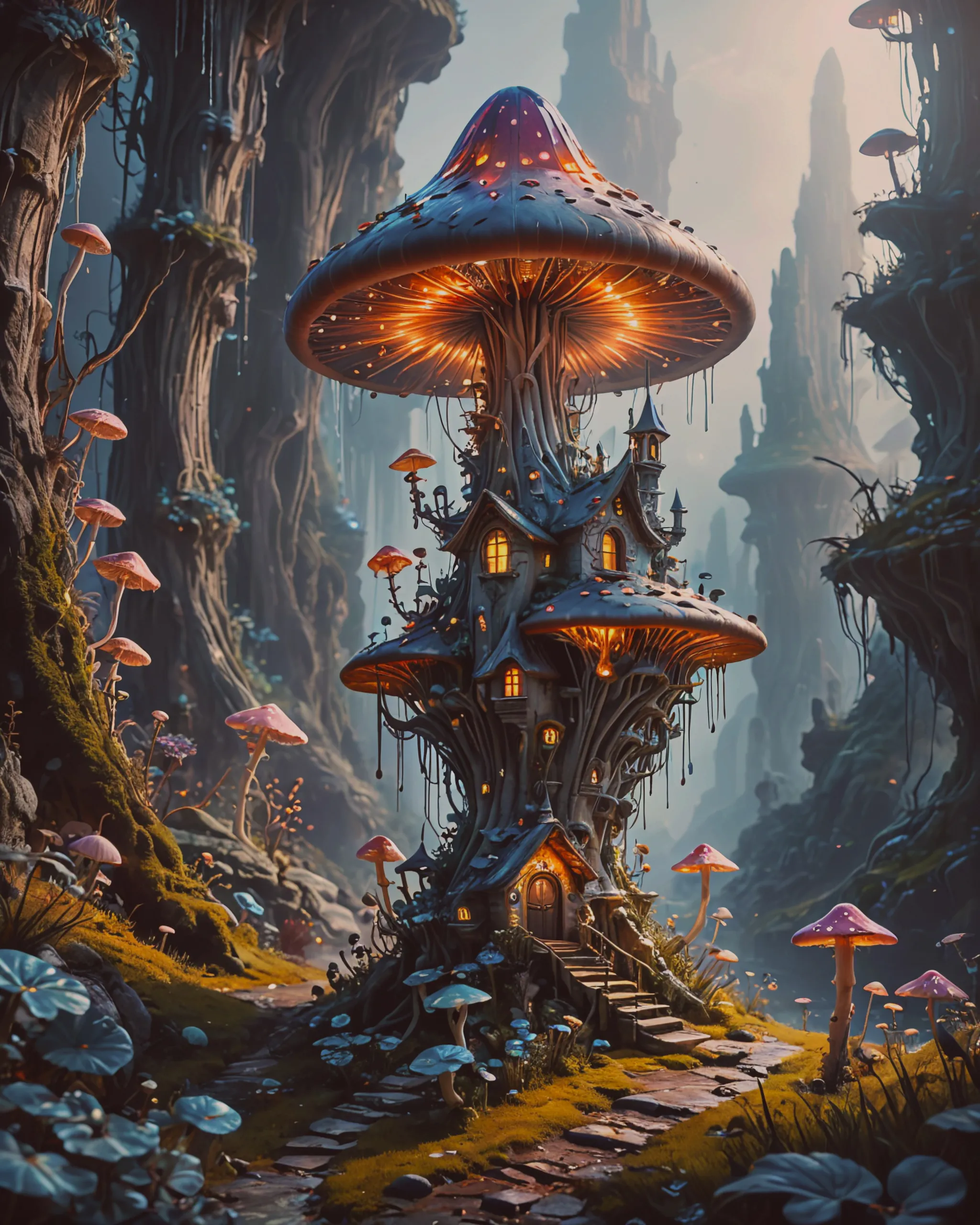 Alien flora surround a mushroom - Free AI Photo Generator - starryai
