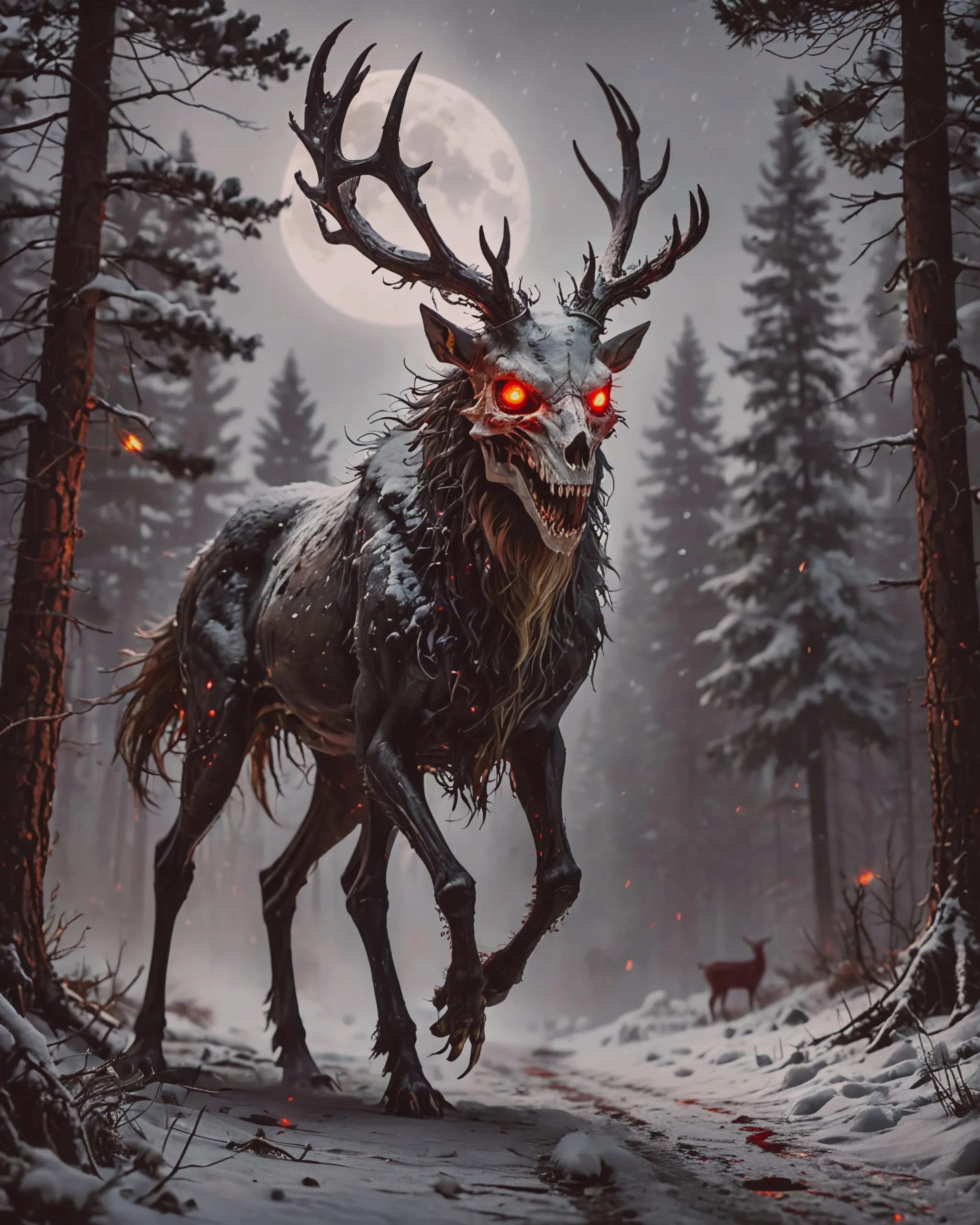 1girl, monster, wendigo, furry, black disheveled fur, deer skull, deer skull head mask, crimson eyes, trail of red coming from eyes, long claws, grim, ominous, outside, heavily snowing, blizzard, snow, pine tree background, night time, blood moon, moon lit, low view angle, side view, beautiful, perfect anatomy, perfect fingers, (masterpiece:1.2), (best quality:1.2), (very aesthetic:1.2), (absurdres:1.2), (detailed background)