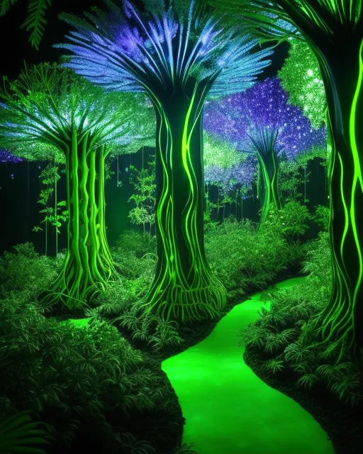 Bioluminescent Jungle: Imagine a dense, alien jungle where every plant glows with bioluminescent light. The trees have luminous bark, and the flowers emit radiant, swirling patterns of color. Vines twist into the sky, covered with shimmering, translucent leaves.