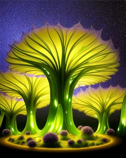 Alien Oasis: Picture an alien oasis with flora unlike anything on Earth. Plants have enormous, twisting stems and bulbous, translucent flowers that pulse with light. Strange fruits hang from the trees, glowing softly in the twilight, and the air is filled with floating pollen that sparkles like fireflies.