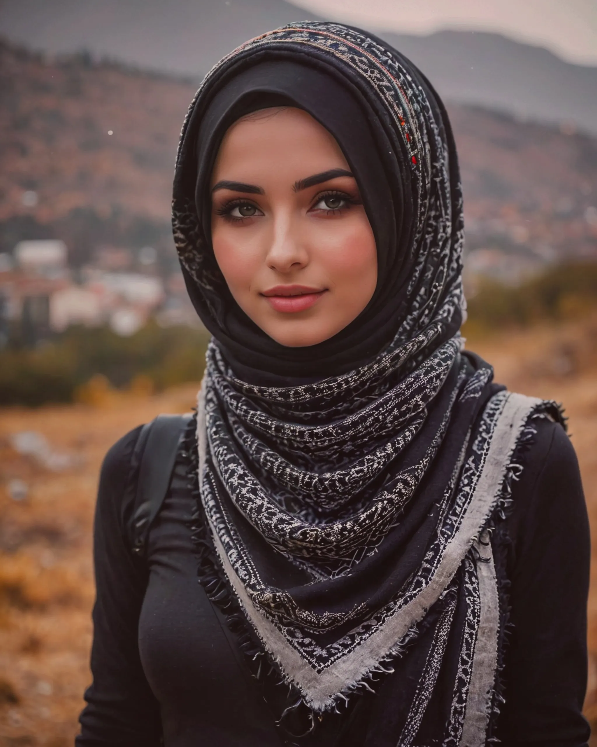 Beautiful girl wearing a black hijab with keffiyeh scarf and woolen sweater 