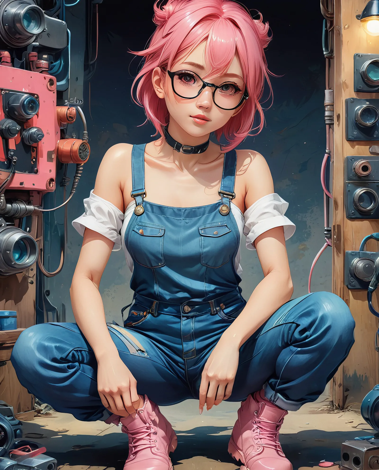 Gorgeous alluring young asian woman with pink hair and bare arms, wearing denim overalls, boots and goggles. Sweet, flirty. Mechanic. beautiful