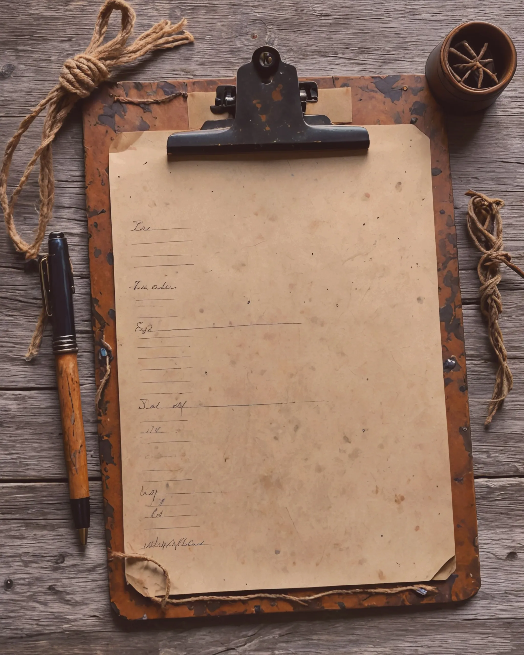 A faux stone looking clipboard with a rusted clip and a loop for holding a pen. A weathered and antiqued paper with twine and ribbons