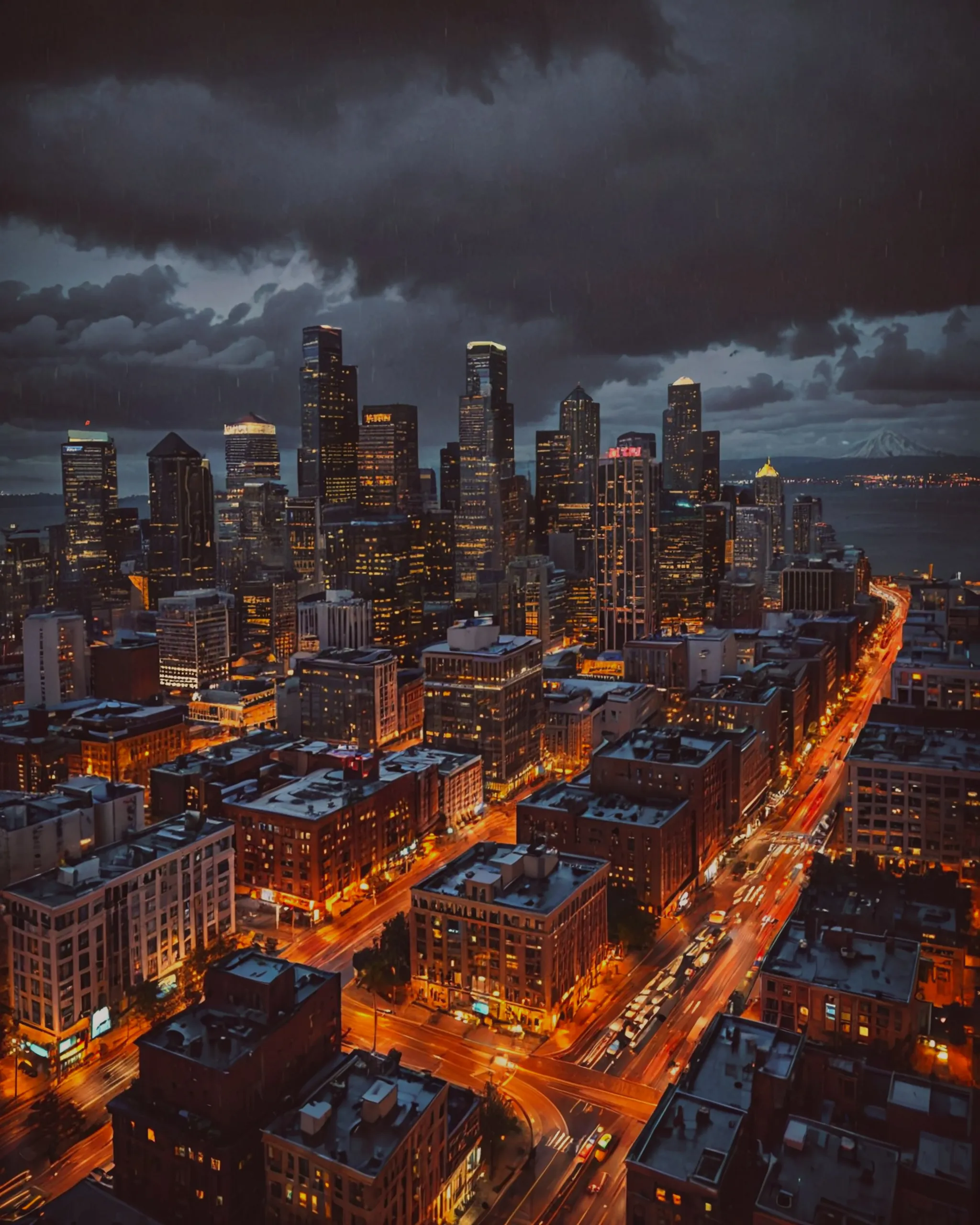 Downtown Seattle at night, rainy - Free AI Photo Generator - starryai