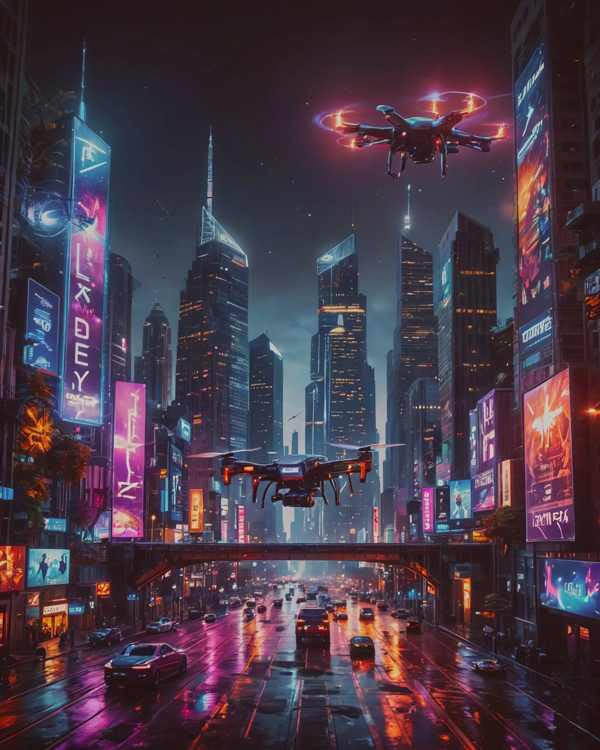 Create a mesmerizing cyberpunk cityscape at night, where neon lights illuminate futuristic skyscrapers and flying cars zip through the sky. The scene should inc