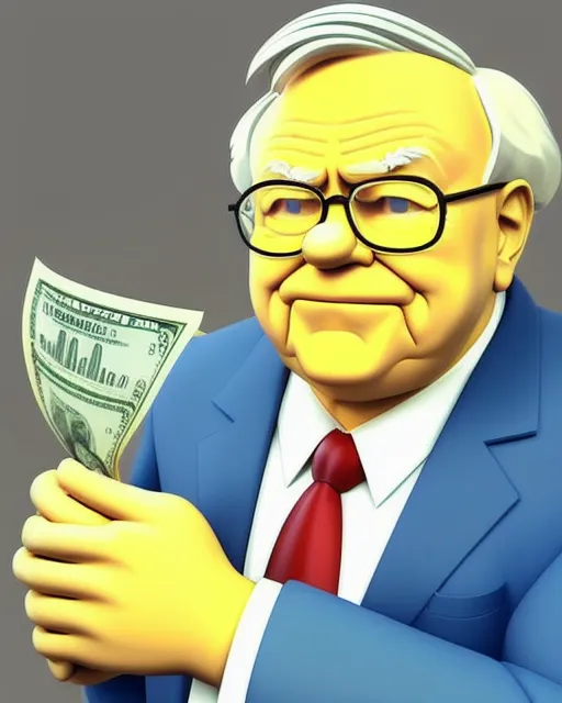 A 3d illustration of Warren buffet using the stock market to control the inflation of the cost of living, cartoon imagery inspired by the creators of the Simpsons, Seth Rogan, Similar realistic effects of TED the movie (fantasy, realistic, and futuristic design, UHD)