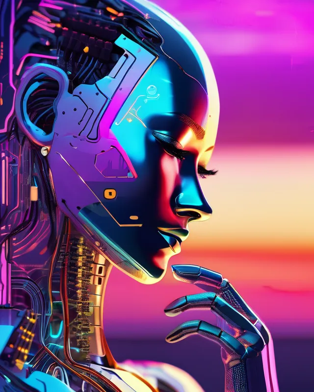 A human hand looking robotic with computer circuits cupping the chin of a half human half robot face, synthwave painting,  sunset city,  digital illustration,  extreme detail,  digital art,  4k,  ultra hd, glowing neon, radiant, futuristic, wlop