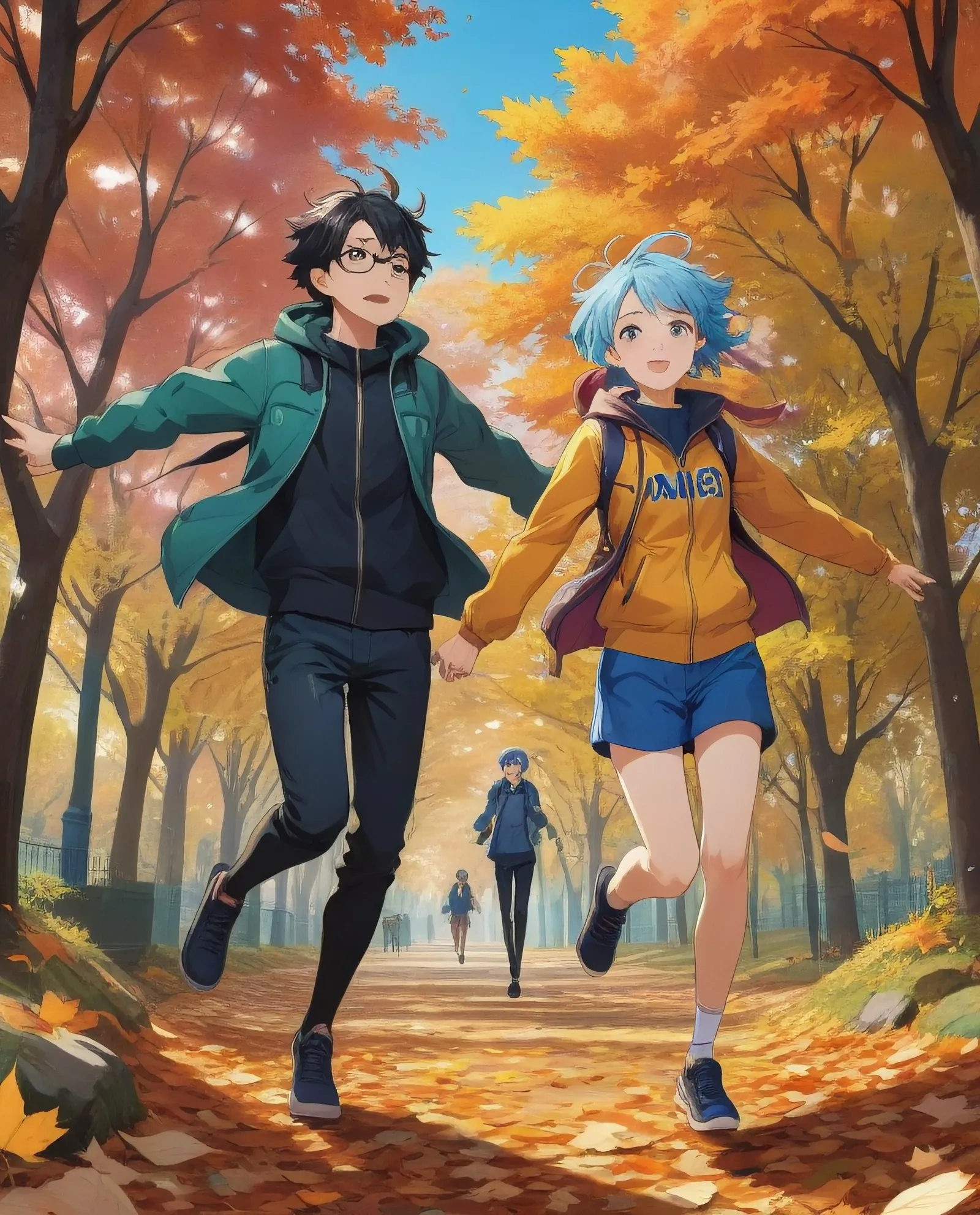 Non-Binary friends jump leaves on - Free AI Photo Generator - starryai