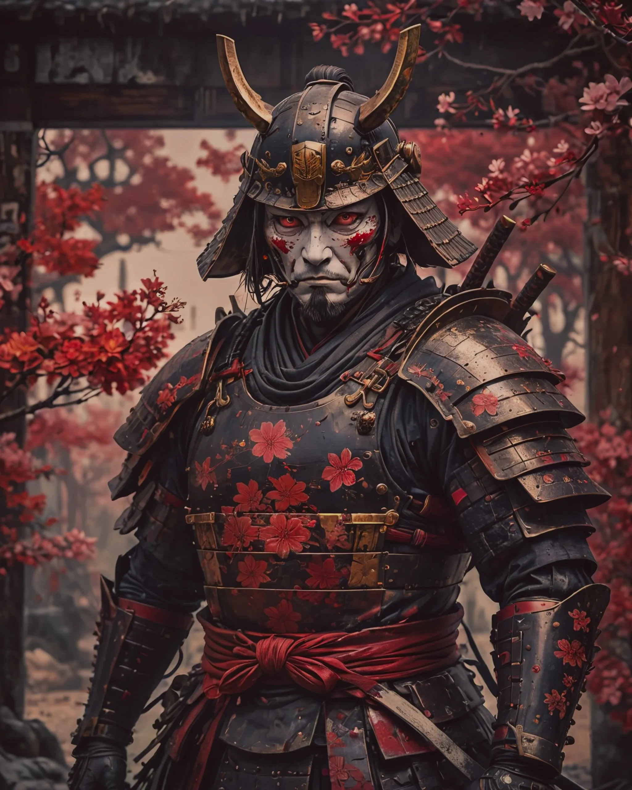 Samurai, red cherry blossoms, black & red armour, Japanese grunge, dynamic, full body, decay, alternative, manga, cinematic, poster style, graphic novel cover, 8k