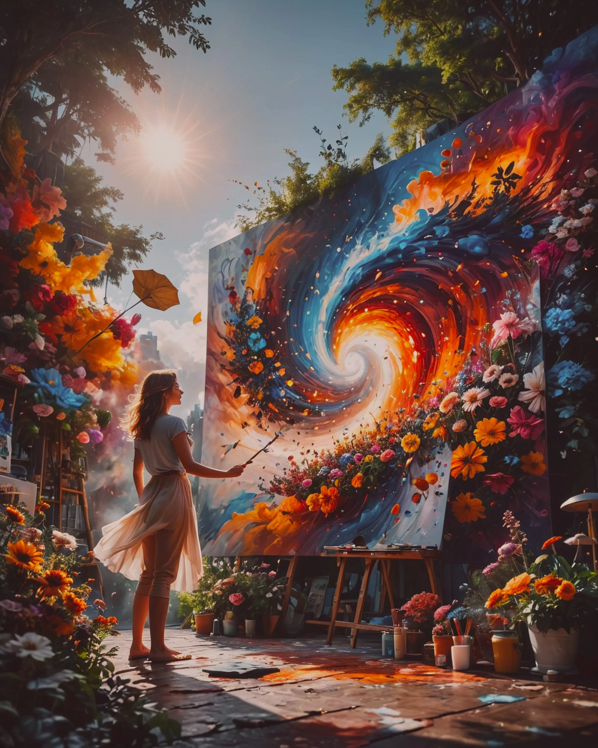  a vibrant and dynamic scene where an artist is passionately painting a large canvas in an open-air studio. 