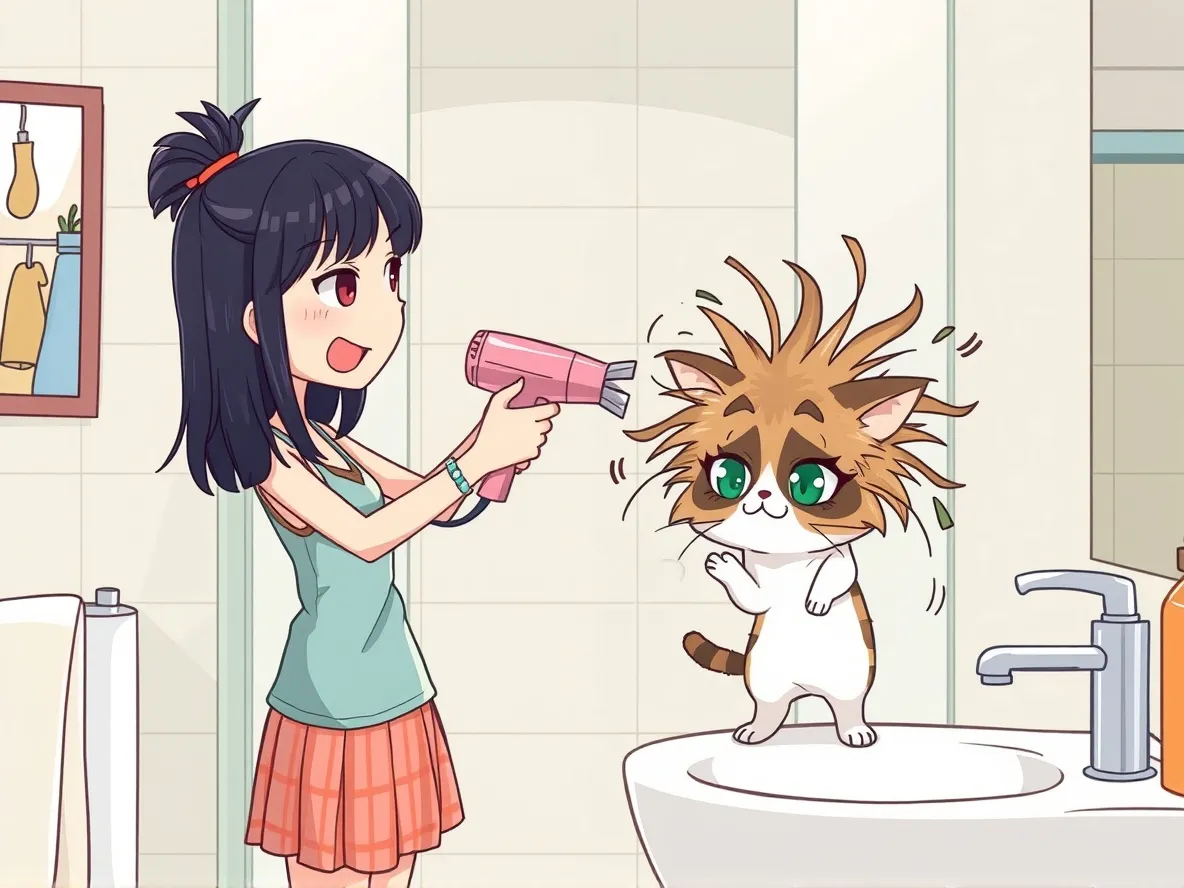 (Nippon Animation),Create an image of a young woman standing in a bathroom, (blow-drying her small cat). The cat's (fur is messy and sticking out in all directions), while the woman has an amused expression as she tries to handle the situation. The scene should be humorous and cute. (tiny details:1.5), (dynamic poses),