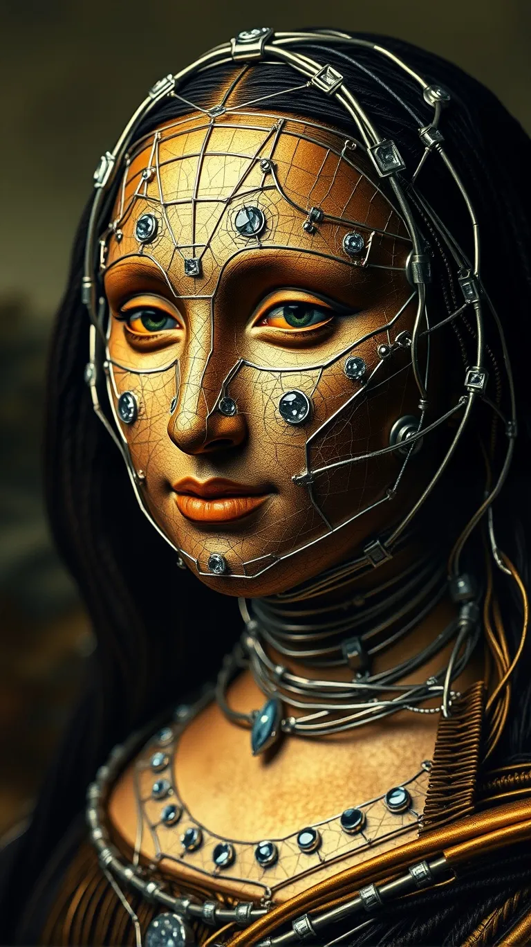 Mona Lisa close up made out of metal, (cyborg:1.1), ([face | detailed wire with diamonds]:1.3), (intricate details), hdr, (intricate details, hyperdetailed:1.2), cinematic shot, vignette, centered, studio quality artwork 