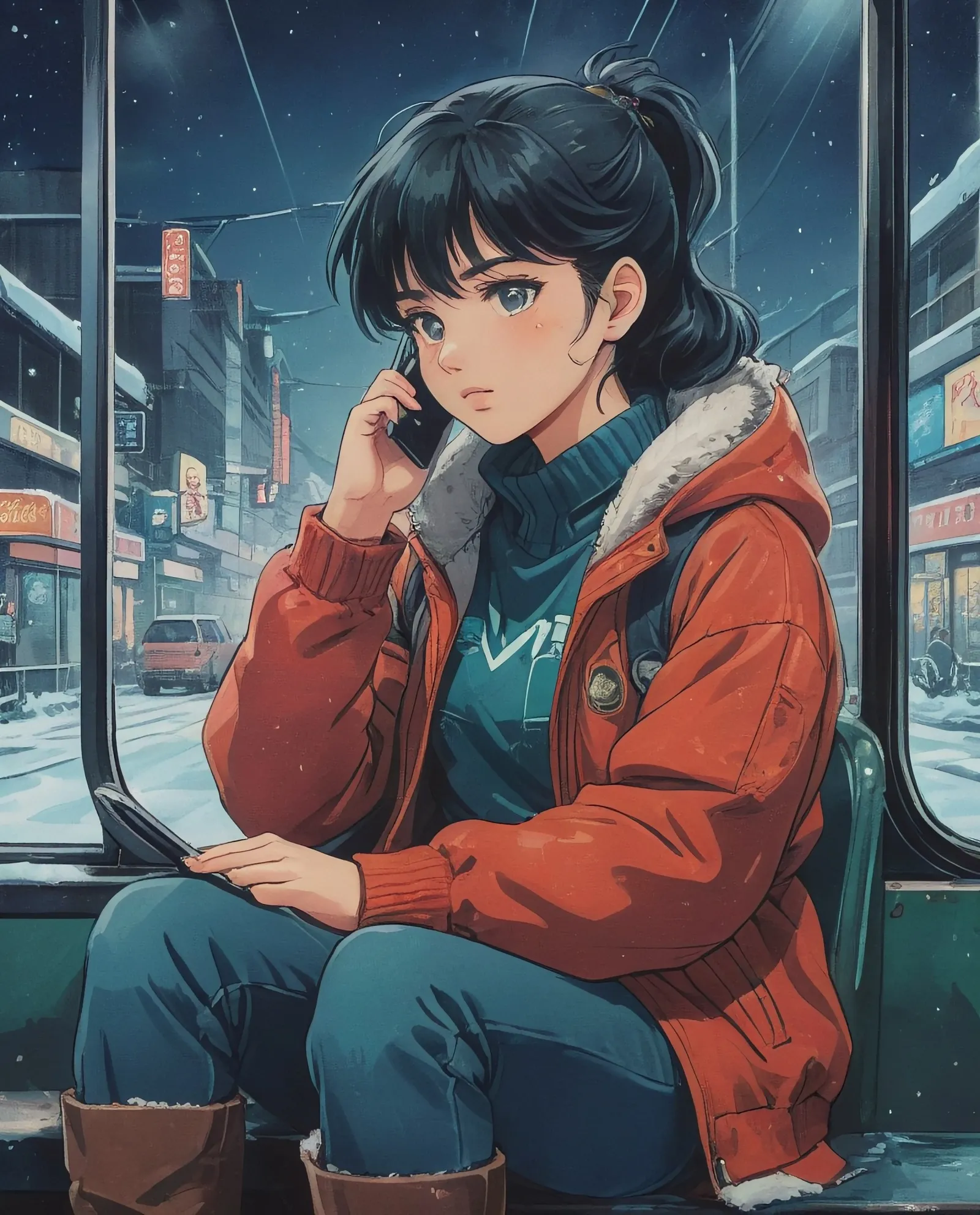 Lady riding a Community Bus, Looking down on her phone in deep thoughts, On a Snowy Night, riding into the city, Wearing Cyberpunk Style Winter Jacket, Wearing Pants, Wearing Boots